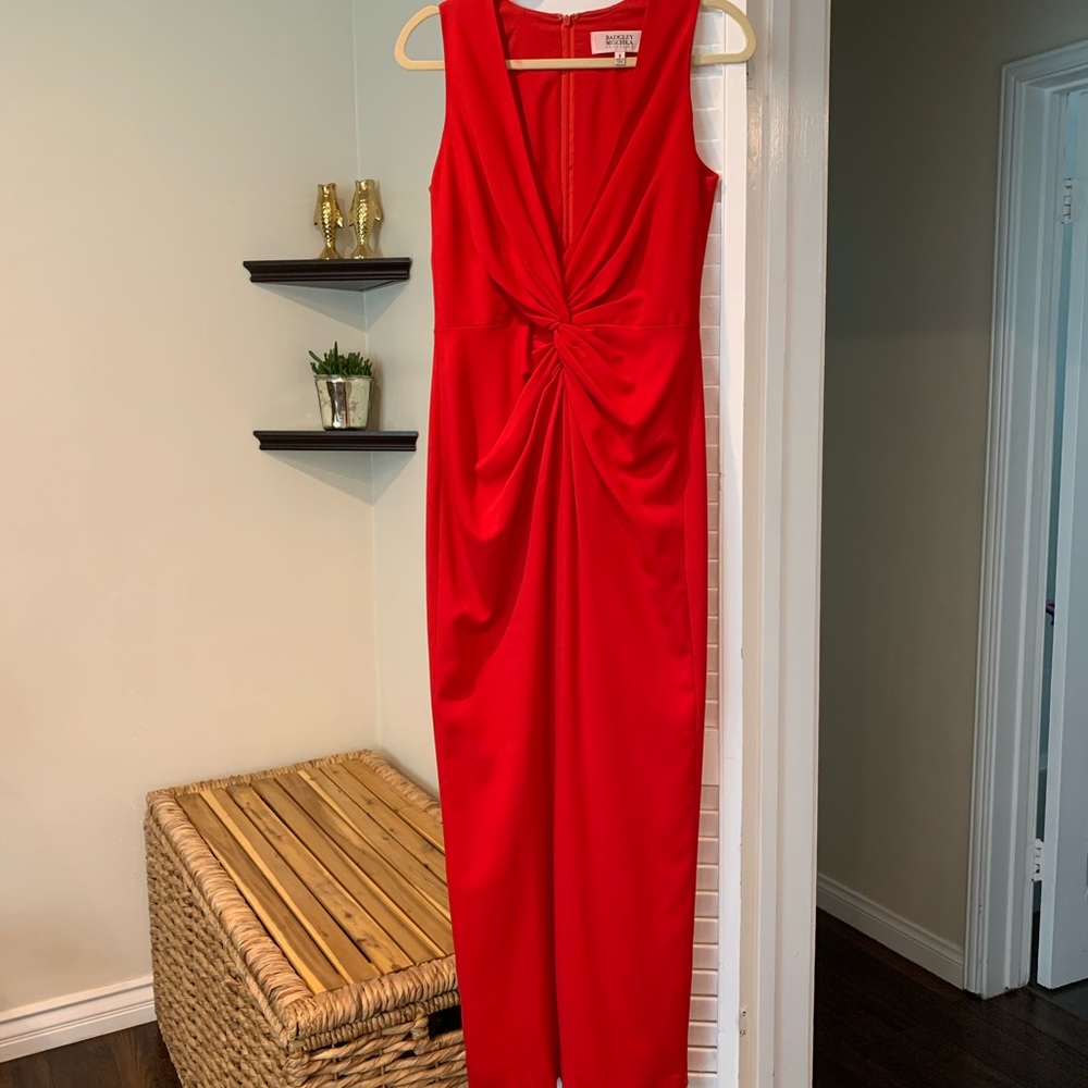 Bright red Badgley Mischka twist front gown